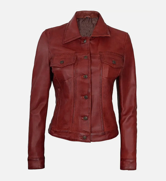 Women's Red Leather Trucker Jacket
