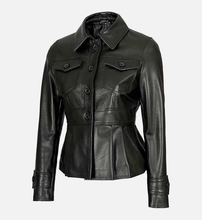 Women's Motorcycle Style Black Leather Trucker Jacket