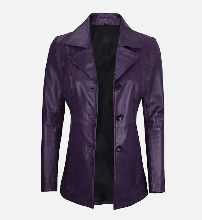 Women's Three Button Real Leather Purple Blazer