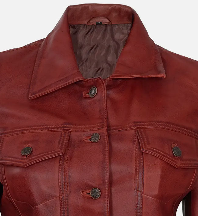 Women's Red Leather Trucker Jacket