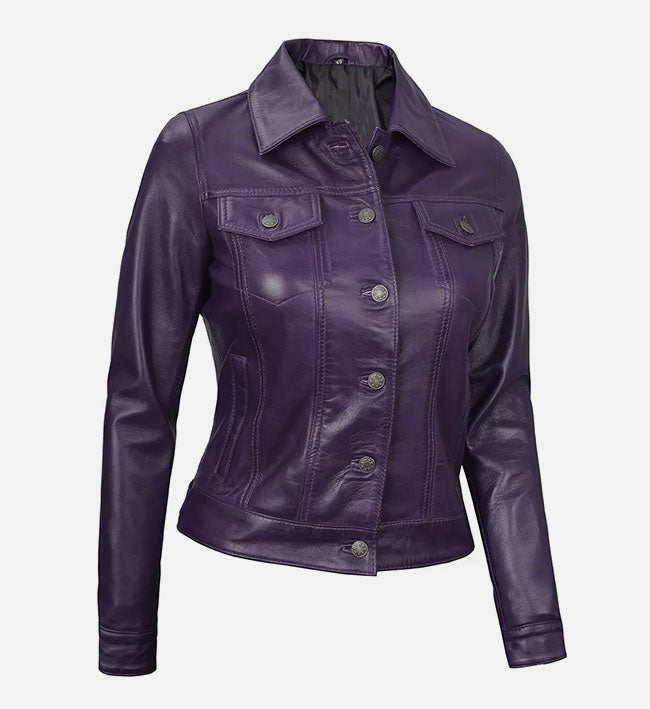 Women's Purple Trucker Leather Jacket
