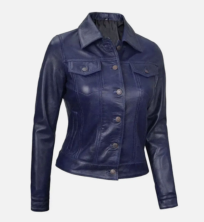 Women's Royal Blue Leather Trucker Jacket