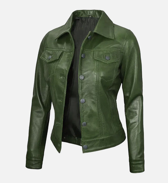 Women's Green Leather Trucker Jacket