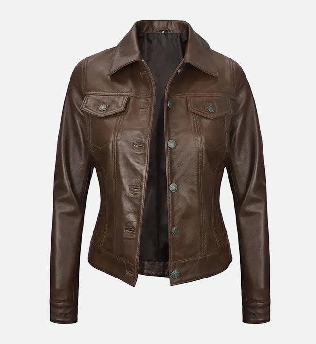 Women's Dark Brown Leather Trucker Jacket