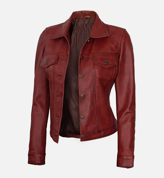 Women's Red Leather Trucker Jacket