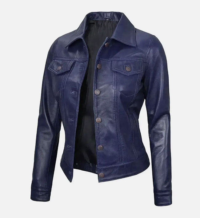 Women's Royal Blue Leather Trucker Jacket