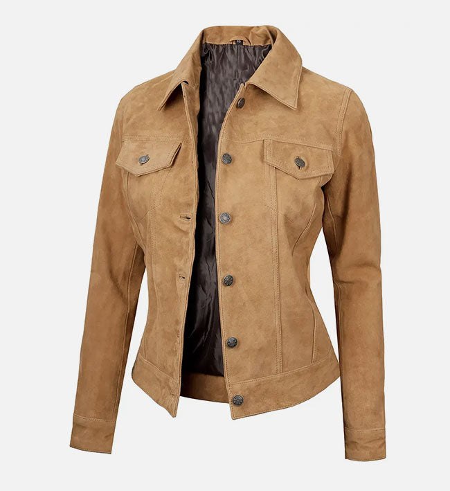 Women's Light Tan Suede Trucker Jacket