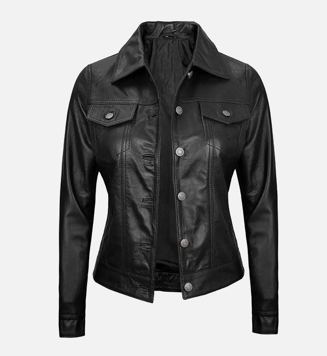 Women's Black Trucker Leather Jacket