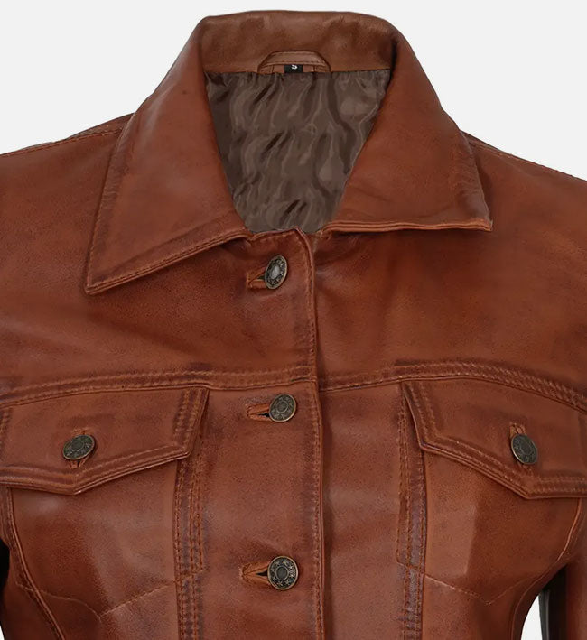 Women's Cognac Brown Trucker Leather Jacket
