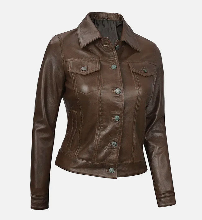 Women's Dark Brown Leather Trucker Jacket