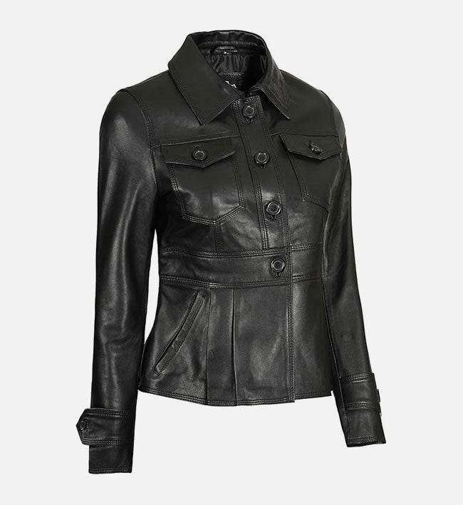 Women's Motorcycle Style Black Leather Trucker Jacket