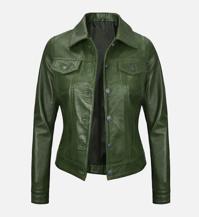 Women's Green Leather Trucker Jacket