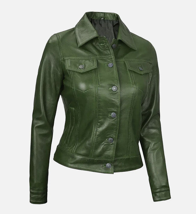 Women's Green Leather Trucker Jacket