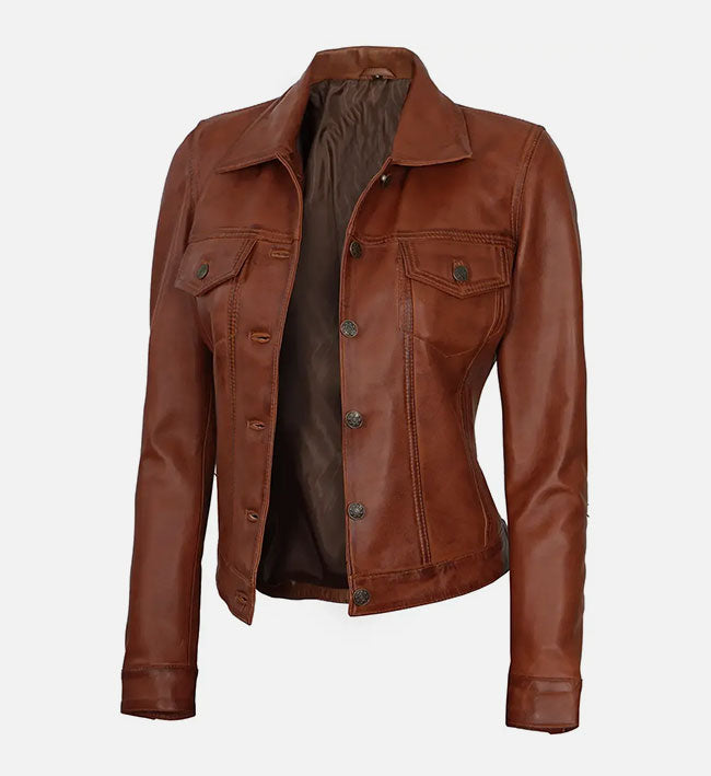 Women's Cognac Brown Trucker Leather Jacket
