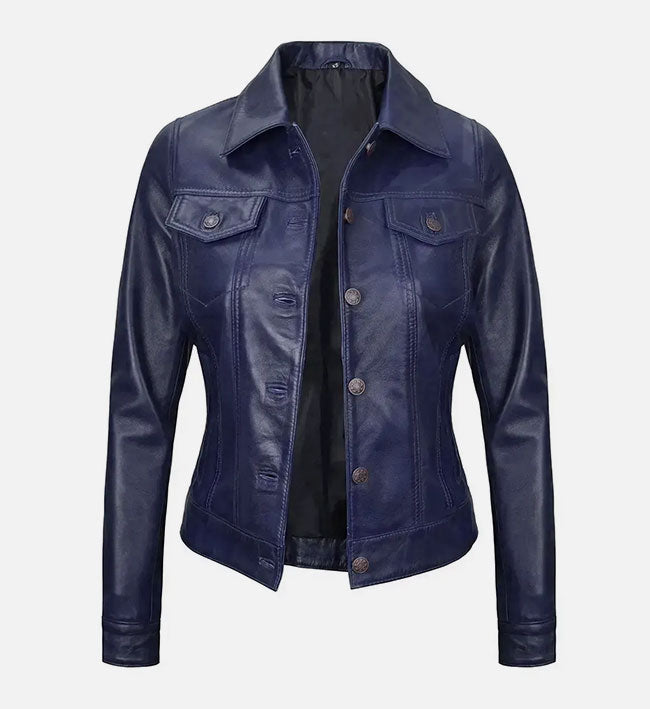Women's Royal Blue Leather Trucker Jacket