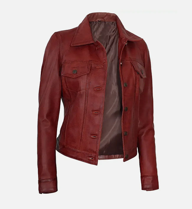 Women's Red Leather Trucker Jacket