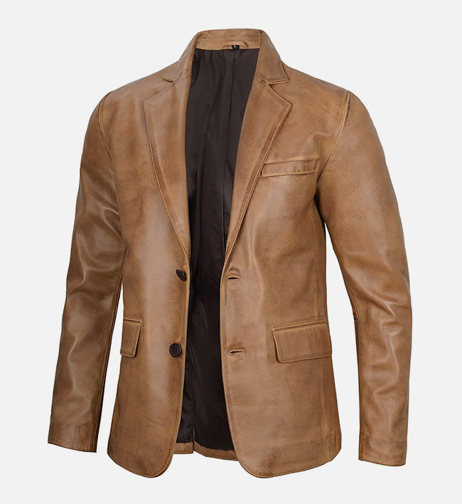 Men's Camel Brown Leather Blazer Jacket