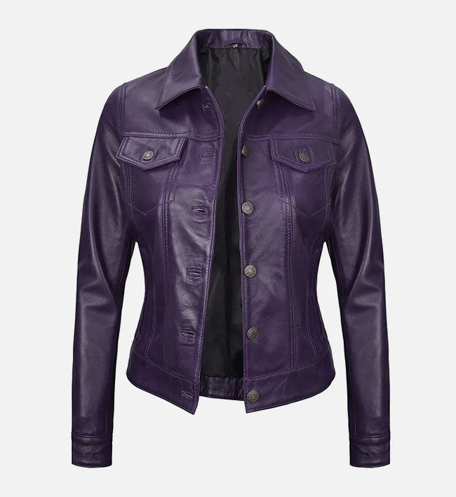 Women's Purple Trucker Leather Jacket