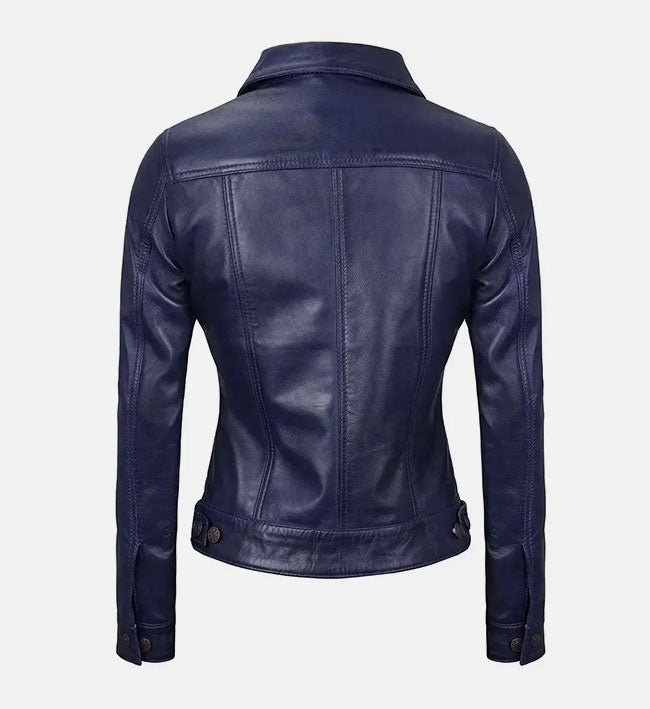 Women's Royal Blue Leather Trucker Jacket