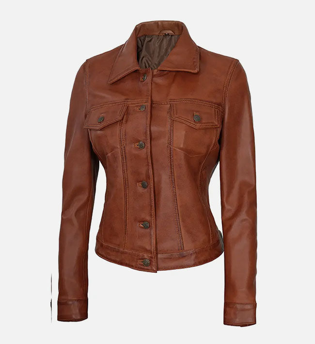 Women's Cognac Brown Trucker Leather Jacket