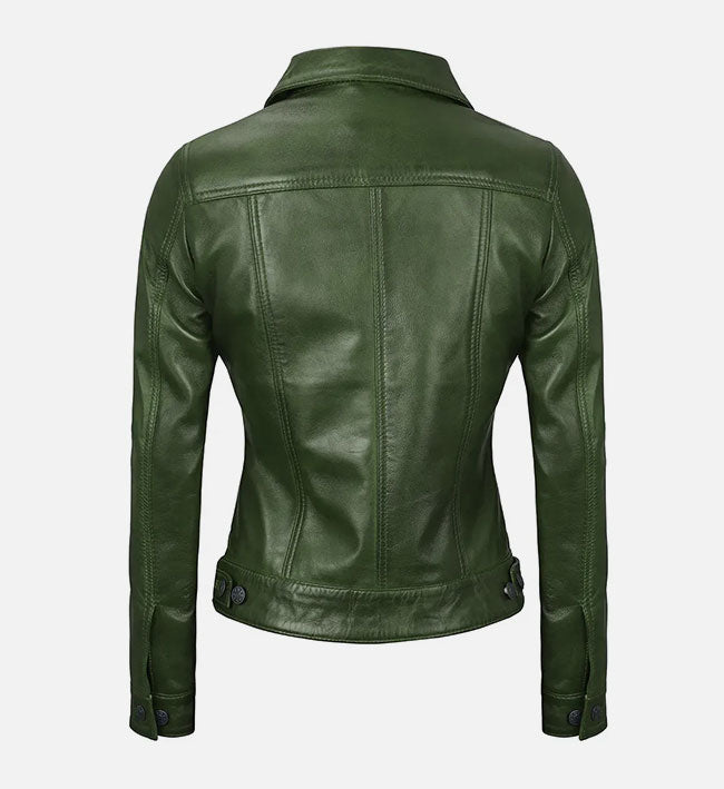 Women's Green Leather Trucker Jacket