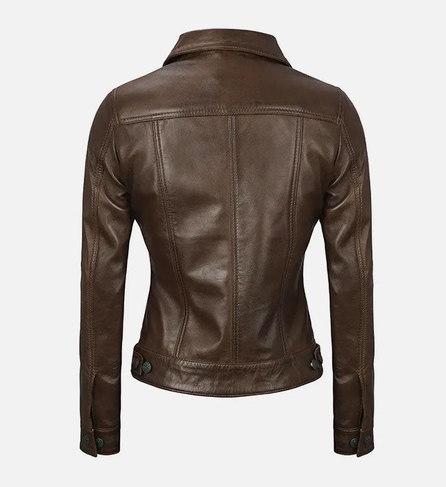 Women's Dark Brown Leather Trucker Jacket