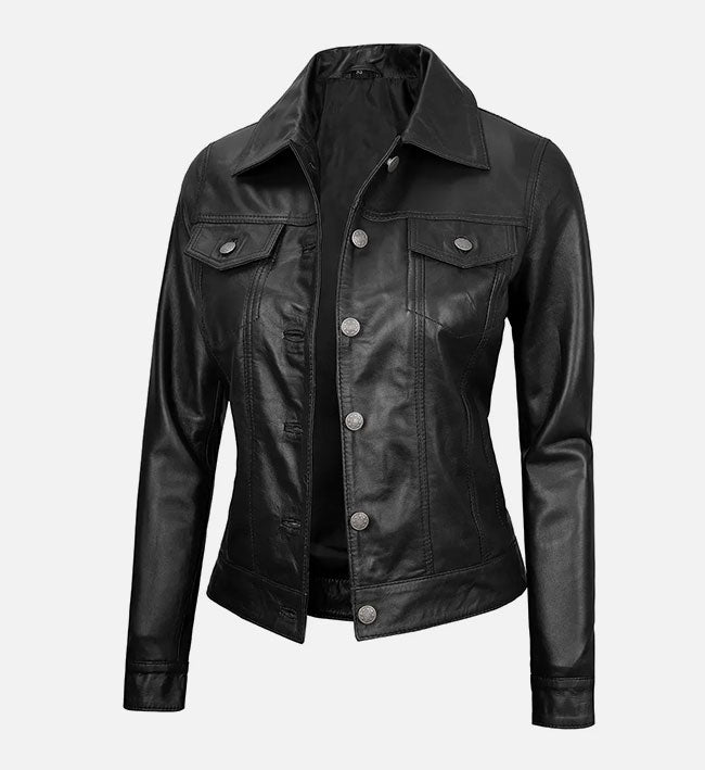 Women's Black Trucker Leather Jacket