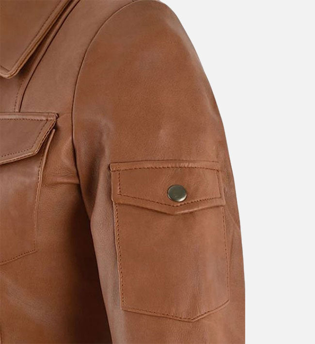 Women's Tan Leather Trucker Jacket