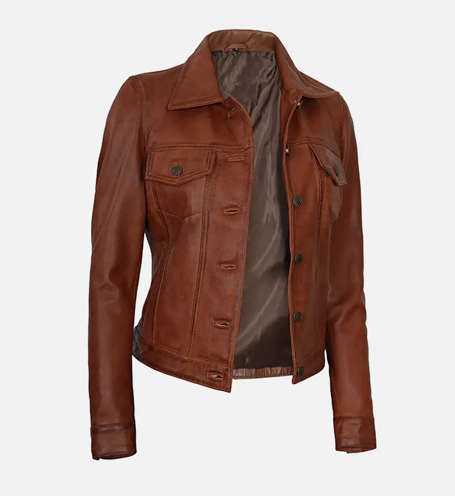 Women's Cognac Brown Trucker Leather Jacket