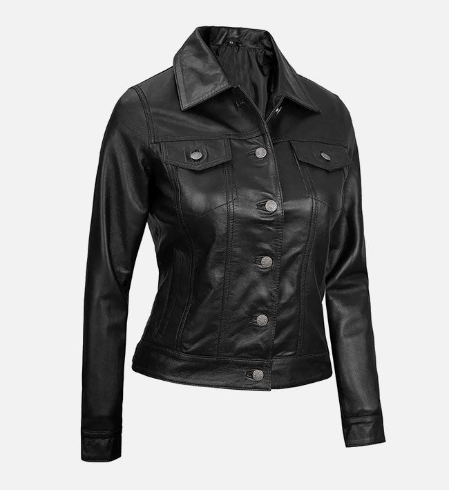 Women's Black Trucker Leather Jacket