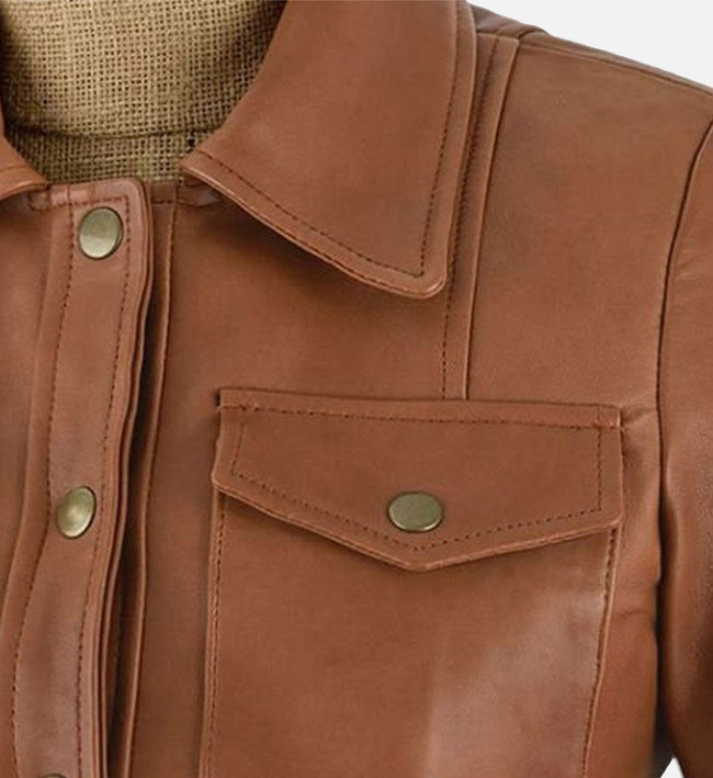 Women's Tan Leather Trucker Jacket