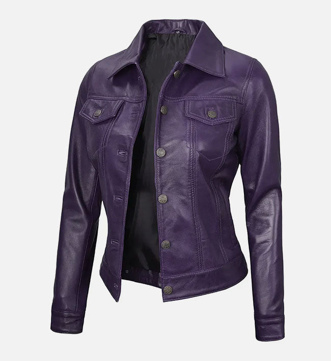 Women's Purple Trucker Leather Jacket