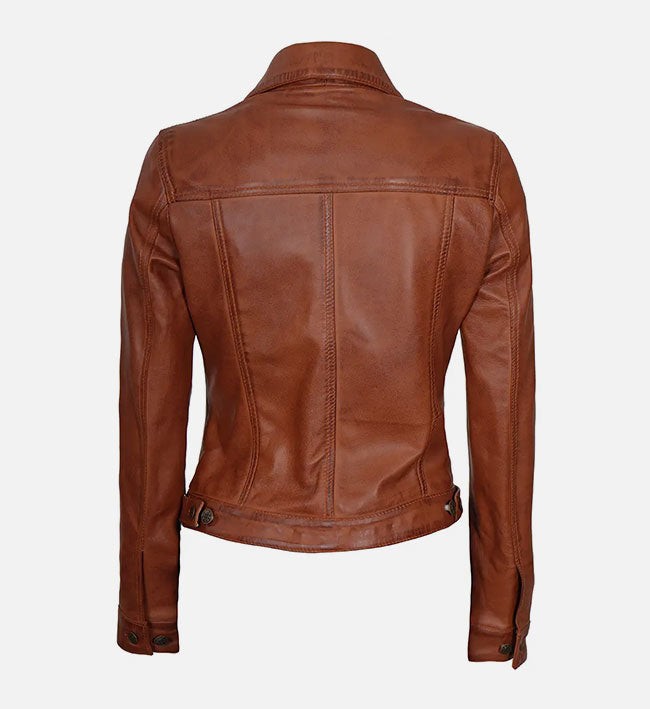 Women's Cognac Brown Trucker Leather Jacket