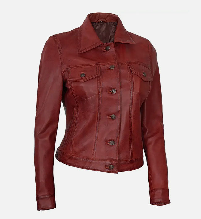 Women's Red Leather Trucker Jacket