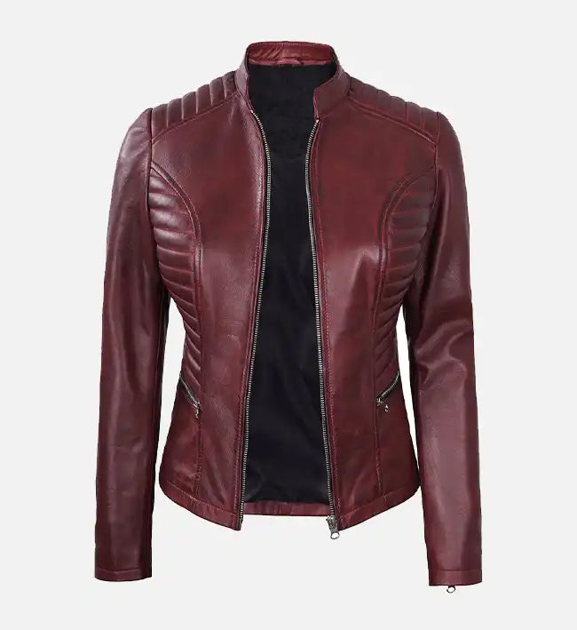 Women's Maroon Leather Cafe Racer Jacket