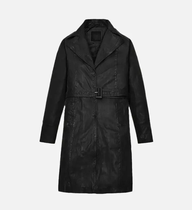 Women's Asymmetrical Black Leather Long Coat