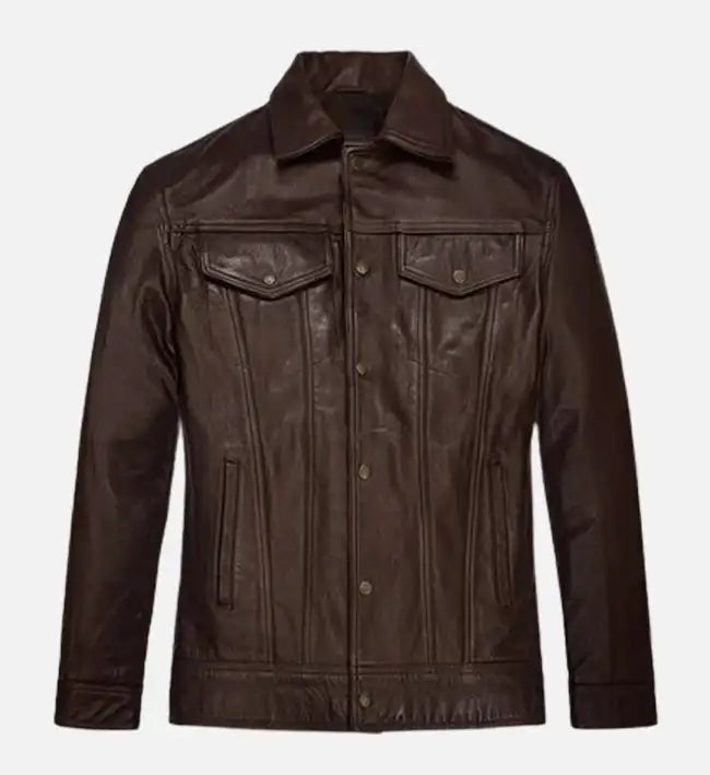 Men's Chocolate Brown Trucker Leather Jacket