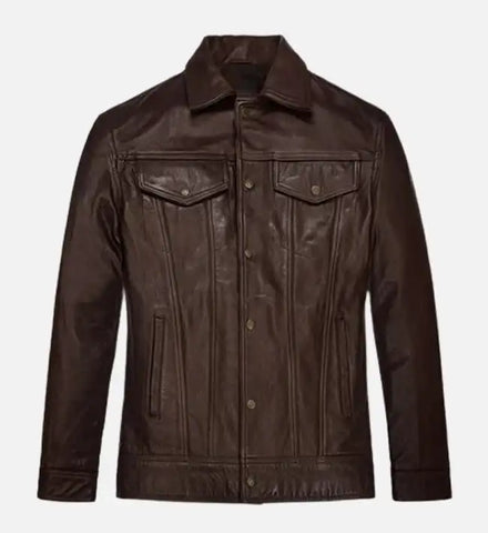 Men's Chocolate Brown Trucker Leather Jacket