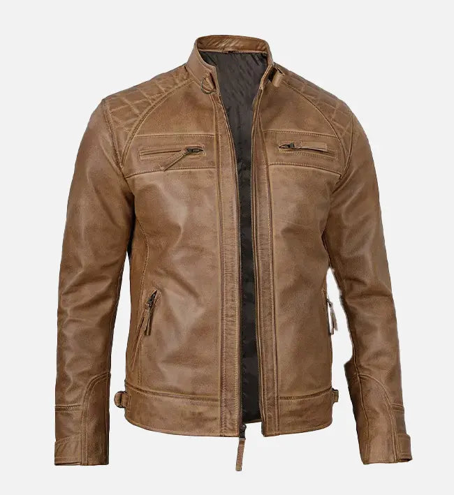 Men's Cafe Racer Camel Brown Leather Jacket