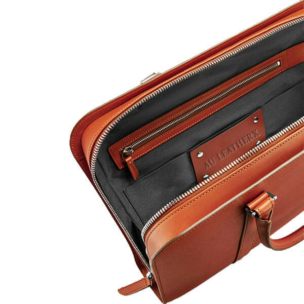 Executive Edge Single Zipper Cognac Leather Briefcase
