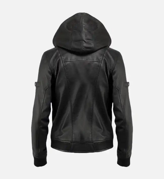 Men’s Hooded Black Leather Jacket