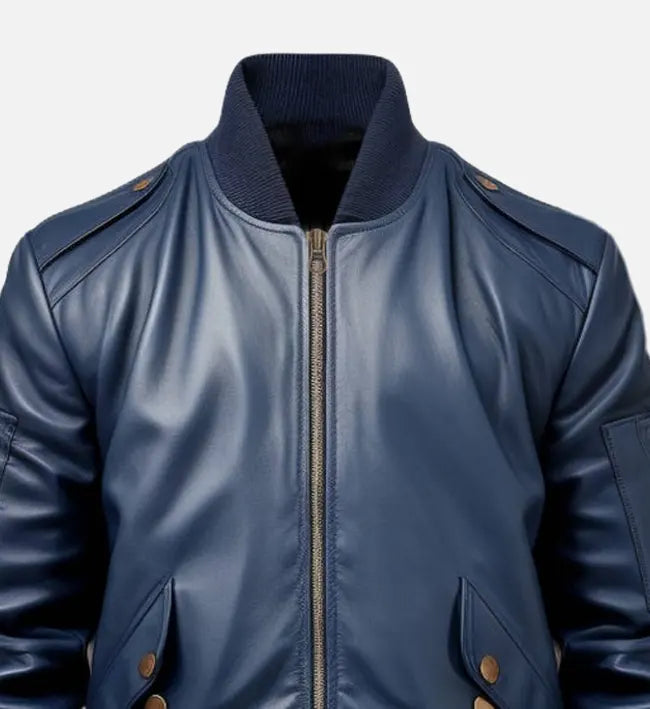 blue flight bomber leather jacket for men