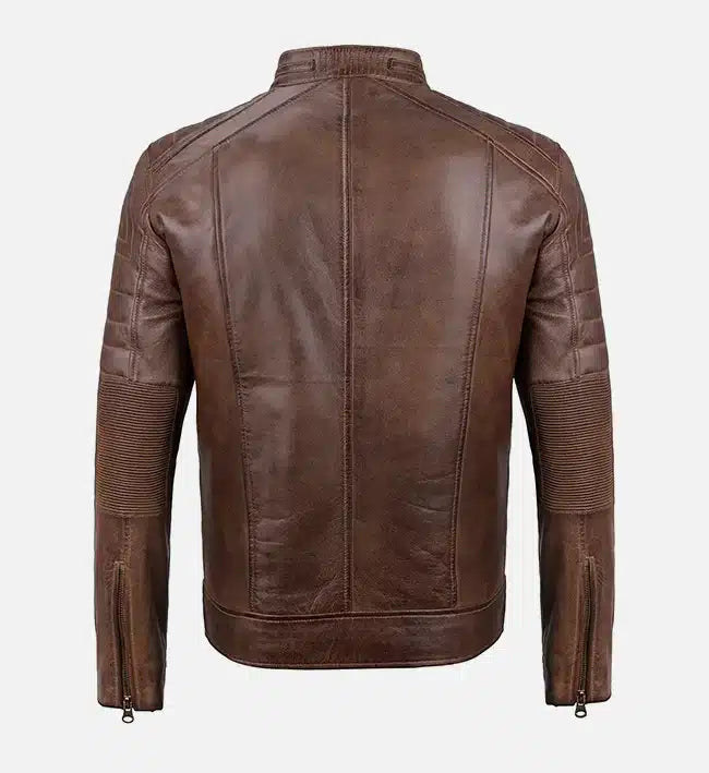 Men's Distressed Coffee Brown Cafe Racer Leather Jacket