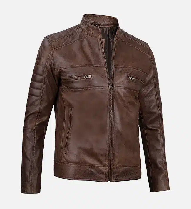 Men's Distressed Coffee Brown Cafe Racer Leather Jacket
