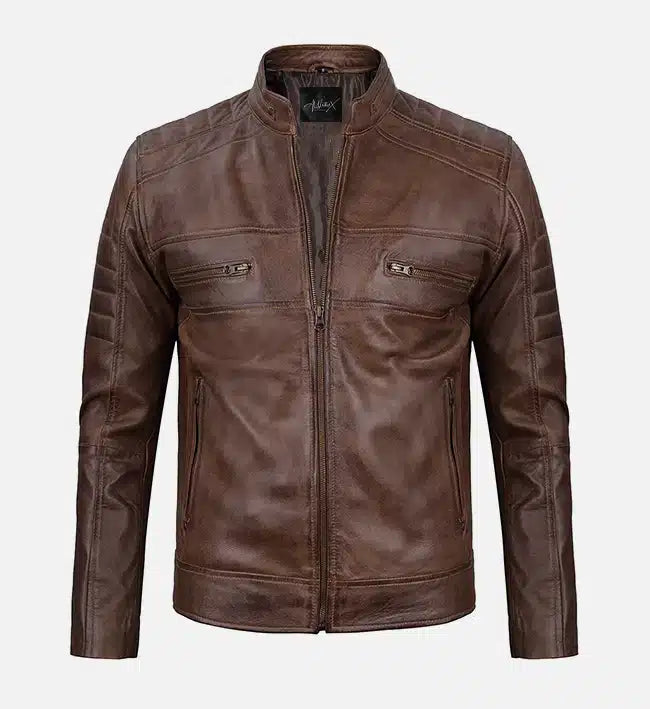 Men's Distressed Coffee Brown Cafe Racer Leather Jacket