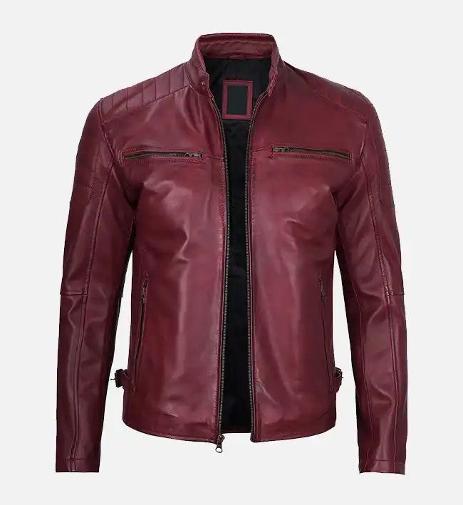 Men's Maroon Waxed Cafe Racer Leather Jacket