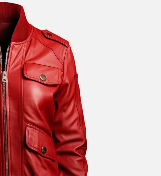 womens bomber red leather jacket with strap pockets