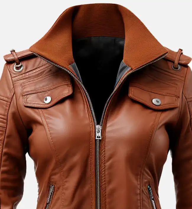 womens bomber brown leather jacket