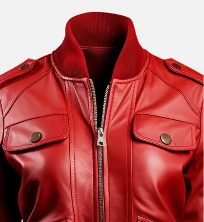womens red bomber leather jacket with strap pockets