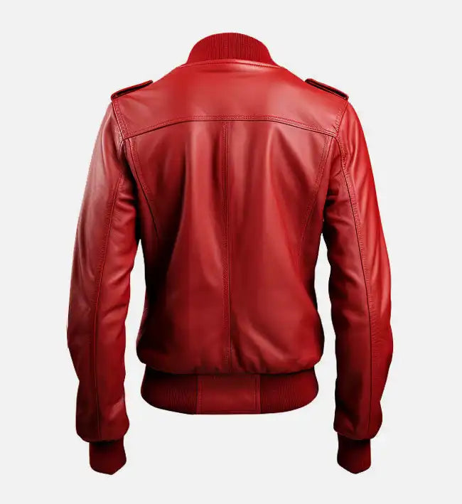 womens strap pockets red leather bomber jacket